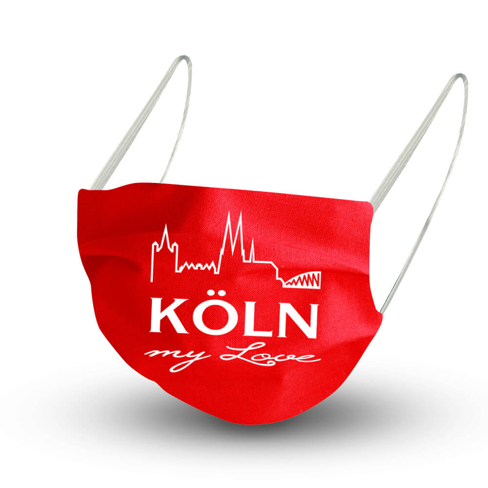 rote Kölnmaske mit Skyline und My-Love-Schriftzug
